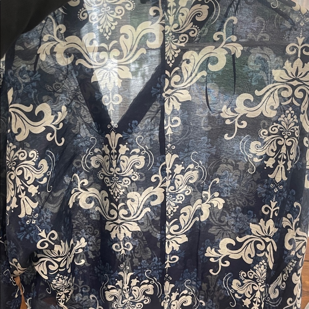 Halogen long sleeve blue sheer paisley button front tie waist top blouse Small - Picture 12 of 16